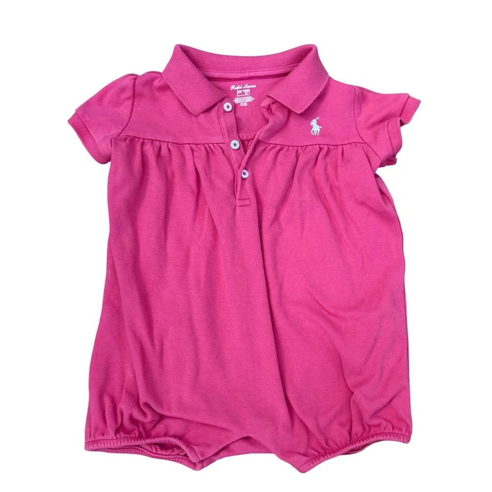 Ralph Lauren Polo Romper Girl Pink Short Sleeve Pique Bubble SIZE 24M